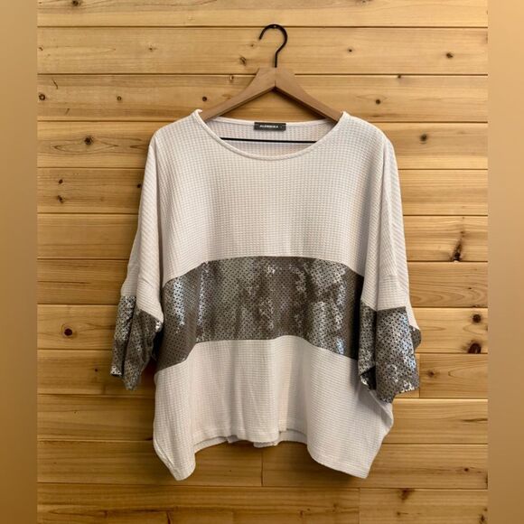 Alembika Size 3/Large Metallic Stripe Lagenlook Waffle 3/4 Sleeve Shirt - Picture 1 of 12